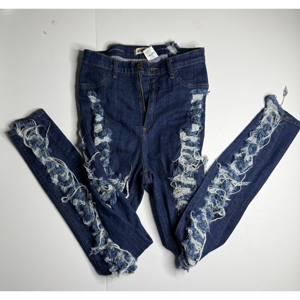Aphrodite Distressed Ripped Blue Denim Jeans Size 13 Womens High-Waisted Skinny